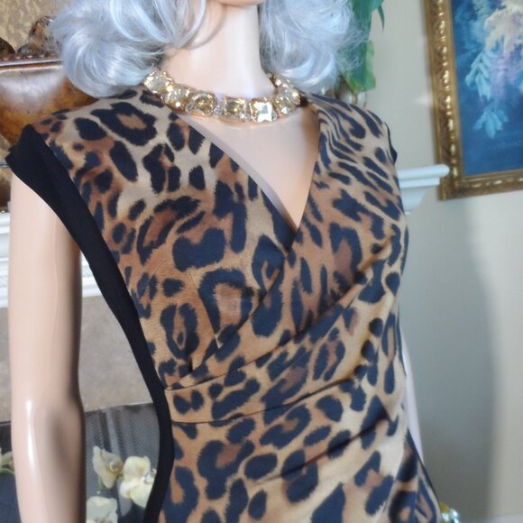 Escada Black & Brown Leopard Print Ruched Surplice Sheath Dress Size EU 38- US 8 - Picture 9 of 16